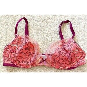 Victorias Secret Pink Push Up Bra 32B Dream Angels Salmon Sheer Lace Underwire